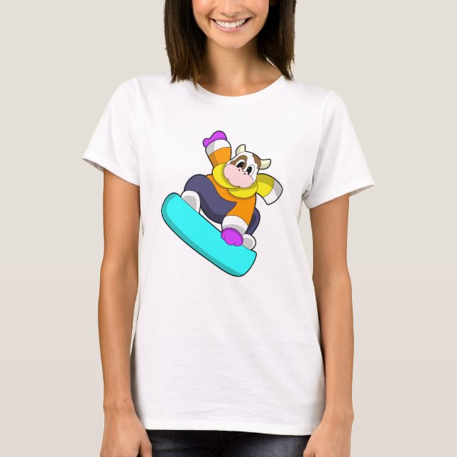 Cow at Snowboarding with Snowboard T-Shirt (Front)