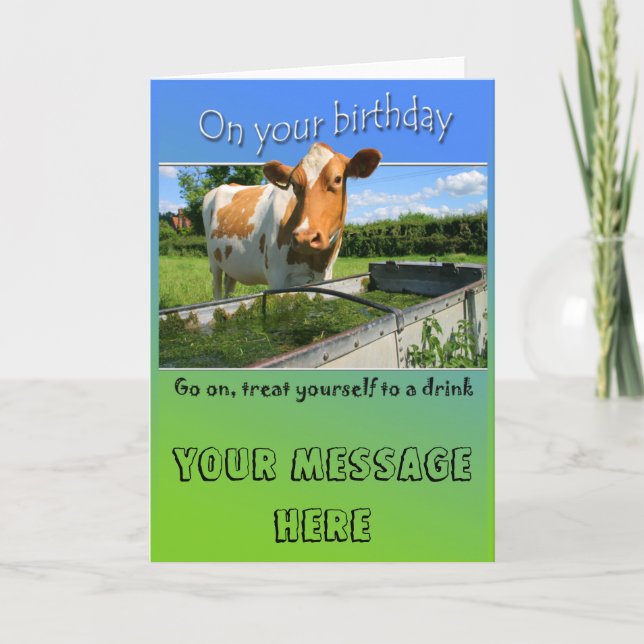 Cow at trough Birthday Card (Front)