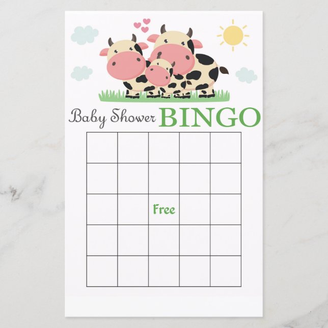 Cow baby shower bingo card (Front)