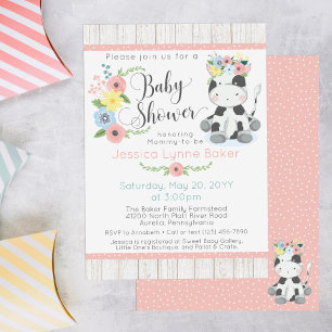 Cow Baby Shower   Cute Floral Calf on Rustic Wood Invitation