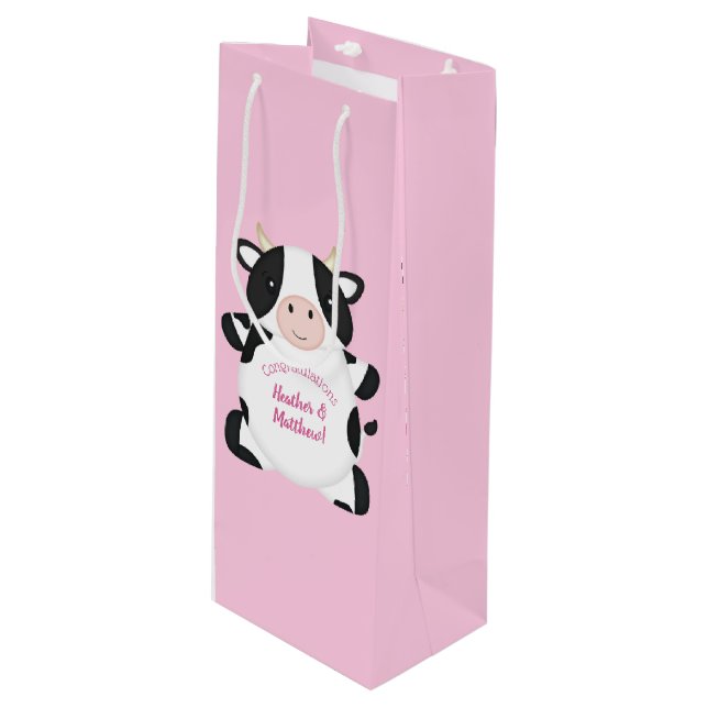 Cow Baby Shower Farm Pink Girl Wine Gift Bag (Front Angled)