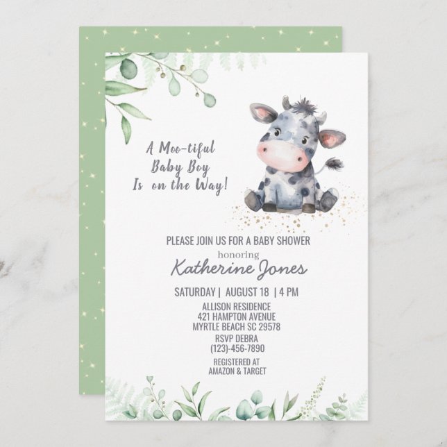 Cow Baby Shower Greenery Boy Farm Invitation (Front/Back)