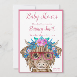 Cow Baby Shower Invitation, Highland Cow, Girl Holiday Card