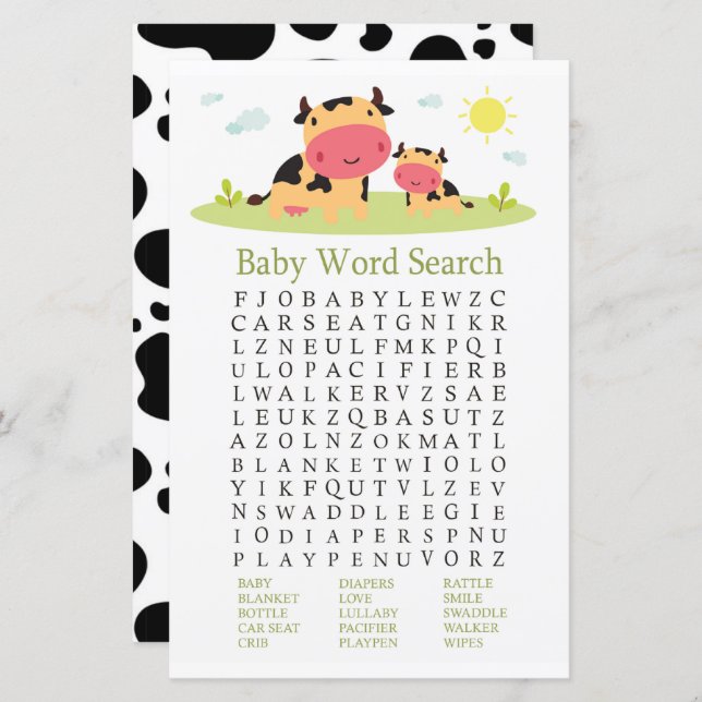 Cow Baby Shower Word Search Game (Front/Back)