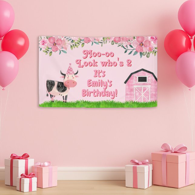 Cow Barn Pink Girls 2nd Birthday  Banner (Moo--oo Look Who's Two little girl's cow/farm animal birthday banner)