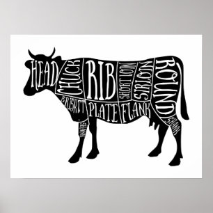 cow beef butcher cuts, big wall art, kitchen art poster