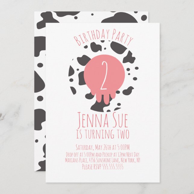 Cow Birthday Party Animal Print Pattern Pink Brown Invitation (Front/Back)