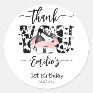 Cow birthday party cow pattern  thank you  classic round sticker