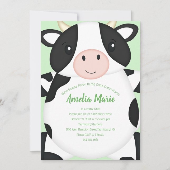 Cow Birthday Party Green Invitation (Front)