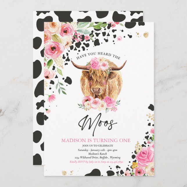 Cow Birthday Party Pink Floral Farm Ranch Birthday Invitation (Front/Back)