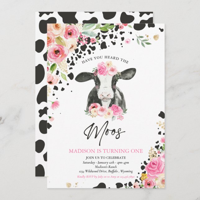 Cow Birthday Party Pink Floral Farm Ranch Birthday Invitation (Front/Back)