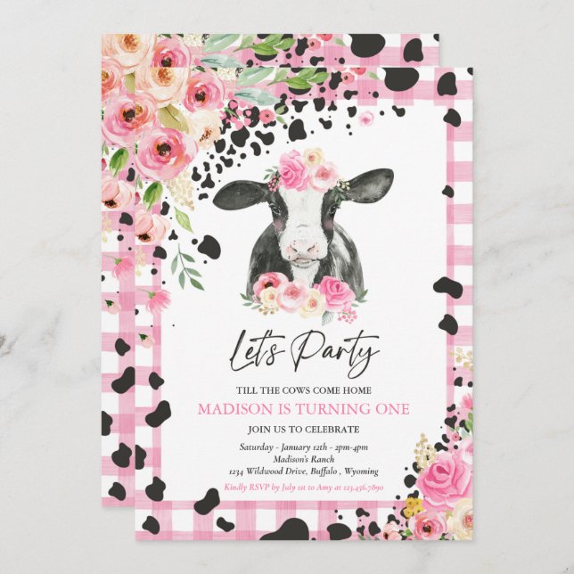 Cow Birthday Party Pink Floral Farm Ranch Birthday Invitation (Front/Back)
