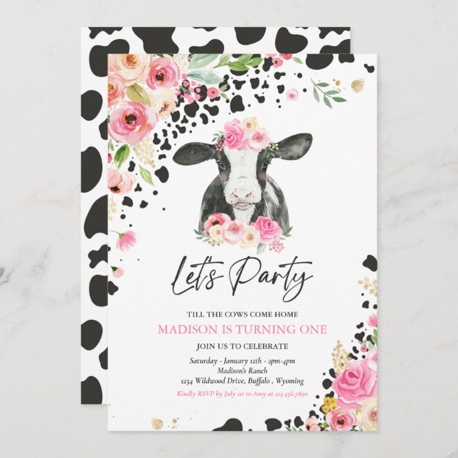 Cow Birthday Party Pink Floral Farm Ranch Birthday Invitation (Front/Back)