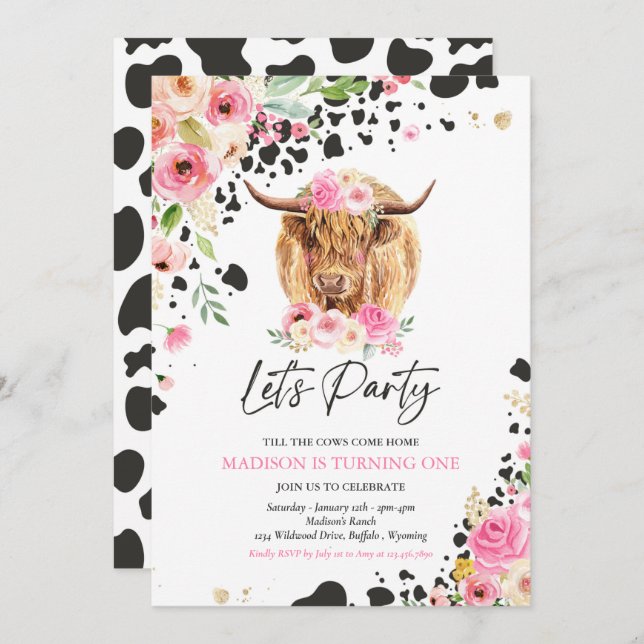 Cow Birthday Party Pink Floral Farm Ranch Birthday Invitation (Front/Back)