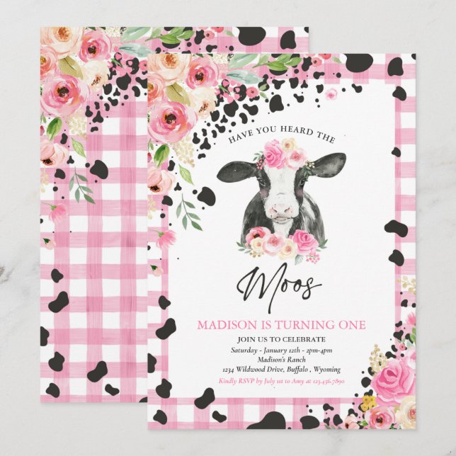 Cow Birthday Party Pink Floral Farm Ranch Birthday Invitation (Front/Back)