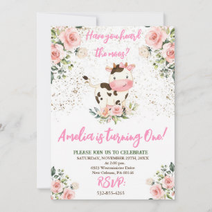 Cow Birthday Party, Pink & Gold Girl Birthday Invitation