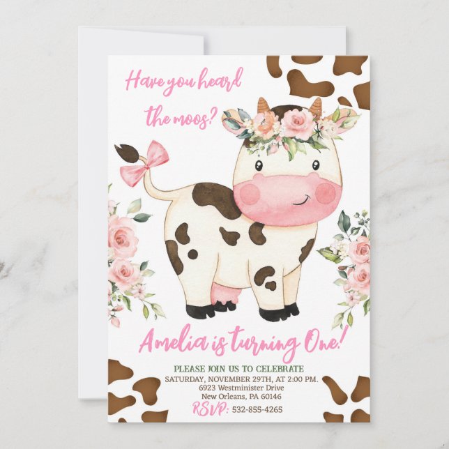 Cow Birthday Party, Pink & Gold Girl Birthday Invitation (Front)
