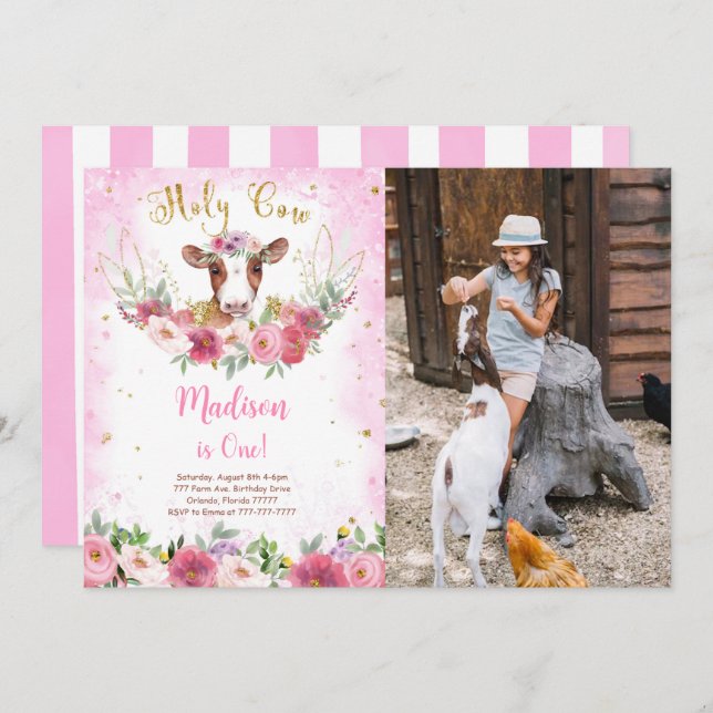 Cow Birthday Photo Invitation (Front/Back)