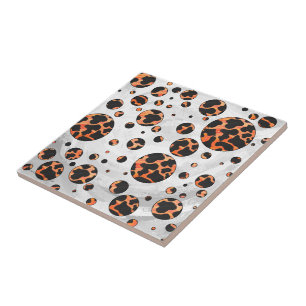 Cow Black and Orange Polka Dot Print Ceramic Tile