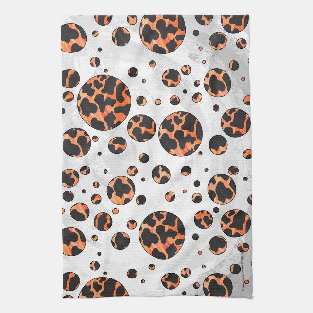 Cow Black and Orange Polka Dot Print Tea Towel (Vertical)