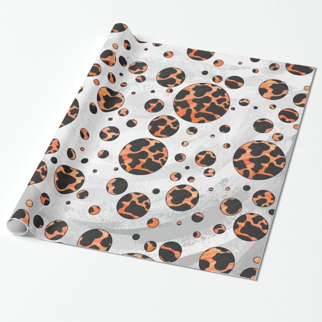 Cow Black and Orange Polka Dot Print Wrapping Paper (Unrolled)