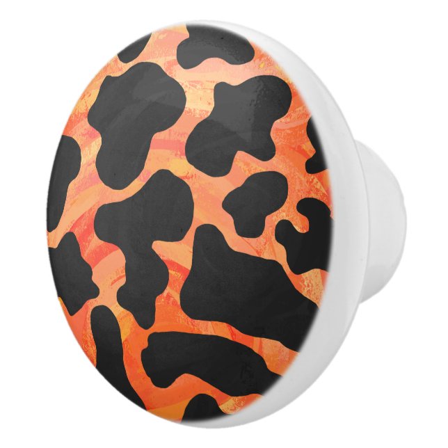 Cow Black and Orange Print Ceramic Knob (Right)