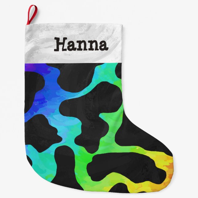 Cow Black and Rainbow Print Large Christmas Stocking (Front)