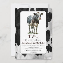 Cow Black and White 2nd Birthday Invitation 