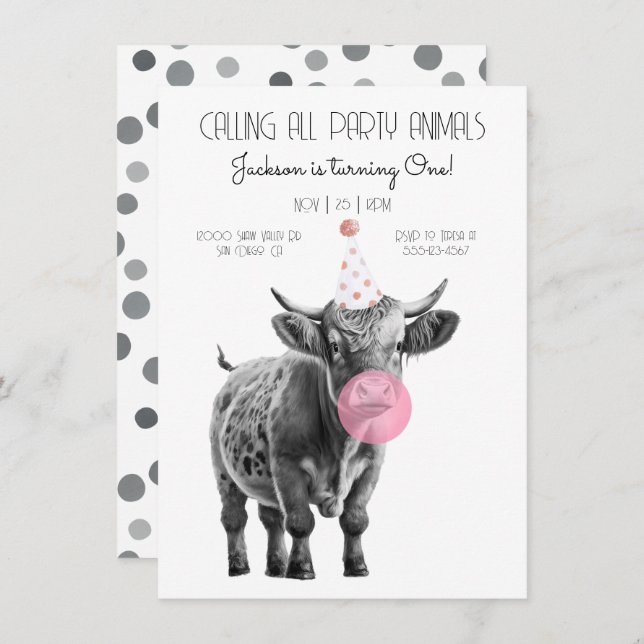 Cow black and white Birthday Invitation (Front/Back)
