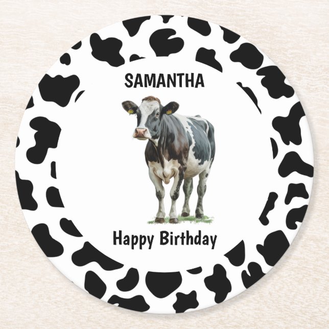 Cow Black and White Round Paper Coaster (Front)