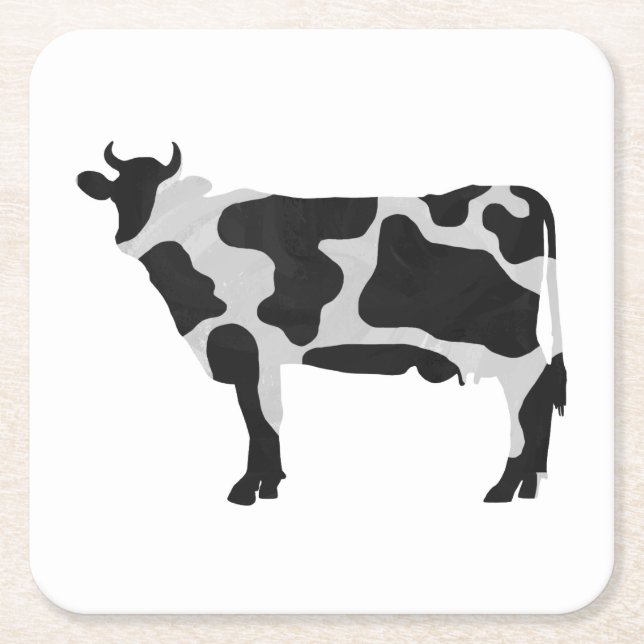 Cow Black and White Silhouette Square Paper Coaster (Front)