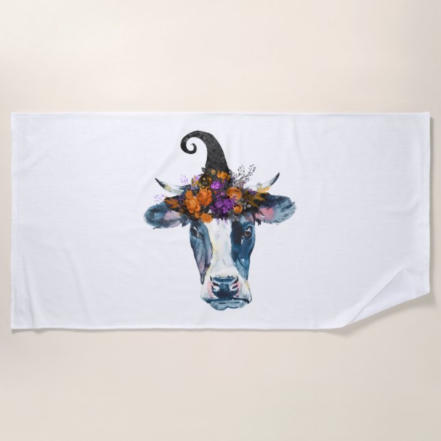 Cow Black White Halloween Witch Beach Towel (Front)