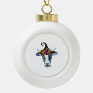 Cow Black White Halloween Witch Ceramic Ball Christmas Ornament