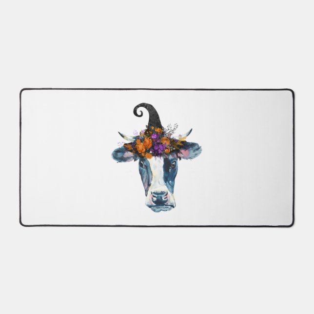 Cow Black White Halloween Witch Desk Mat (Front)
