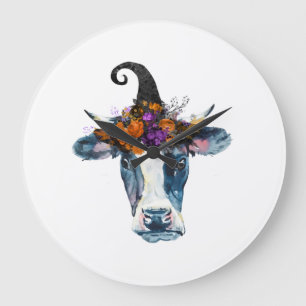 Cow Black White Halloween Witch Large Clock