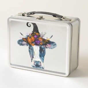 Cow Black White Halloween Witch Metal Lunch Box