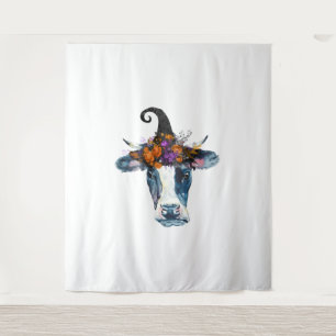 Cow Black White Halloween Witch Tapestry