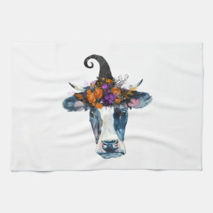 Cow Black White Halloween Witch Tea Towel