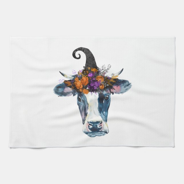 Cow Black White Halloween Witch Tea Towel (Horizontal)
