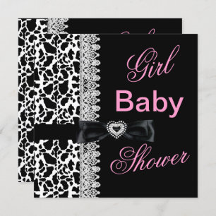 Cow black white Pink Girl Baby Shower Lace Invitation