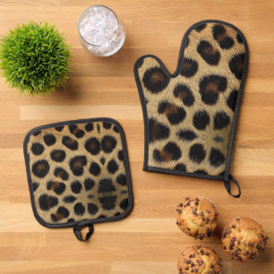 Cow Black White Spots Fur Oven Mitt & Pot Holder Set