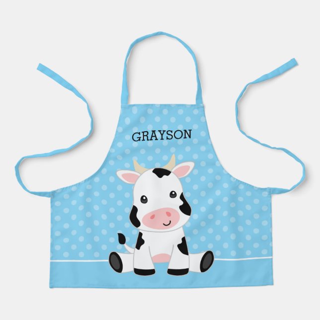 Cow Blue Polka Dot Personalized Kids Apron (Front)