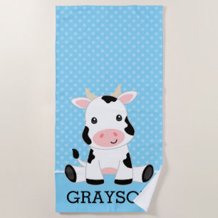 Cow Blue Polka Dot Personalized Kids Beach Towel