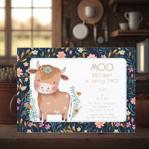 Cow Boho Floral Second Birthday Invitation