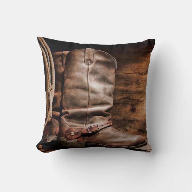 Cow Boy Boots Spur Country Rope Throw Couch Pillow (Front)