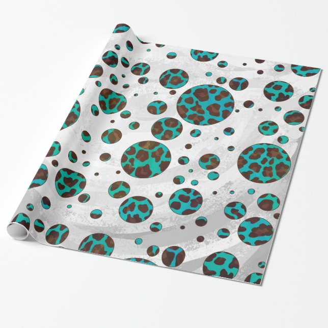 Cow Brown and Teal Polka Dot Wrapping Paper (Unrolled)