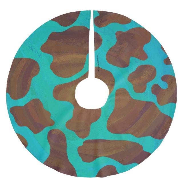 Cow Brown and Teal Print Brushed Polyester Tree Skirt (Front)