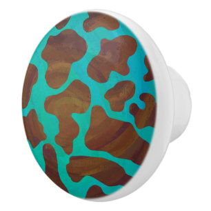 Cow Brown and Teal Print Ceramic Knob