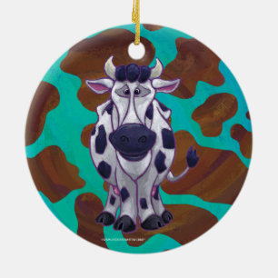 Cow Brown and Teal Print Ceramic Ornament