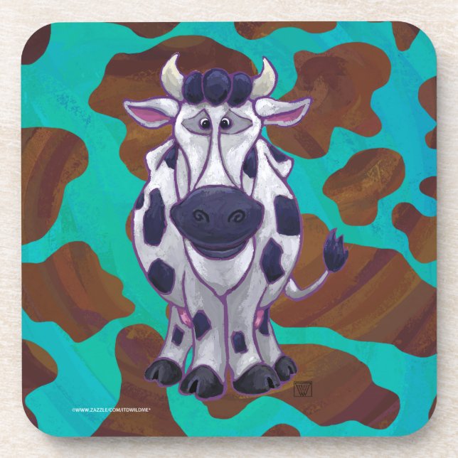 Cow Brown and Teal Print Coaster (Front)